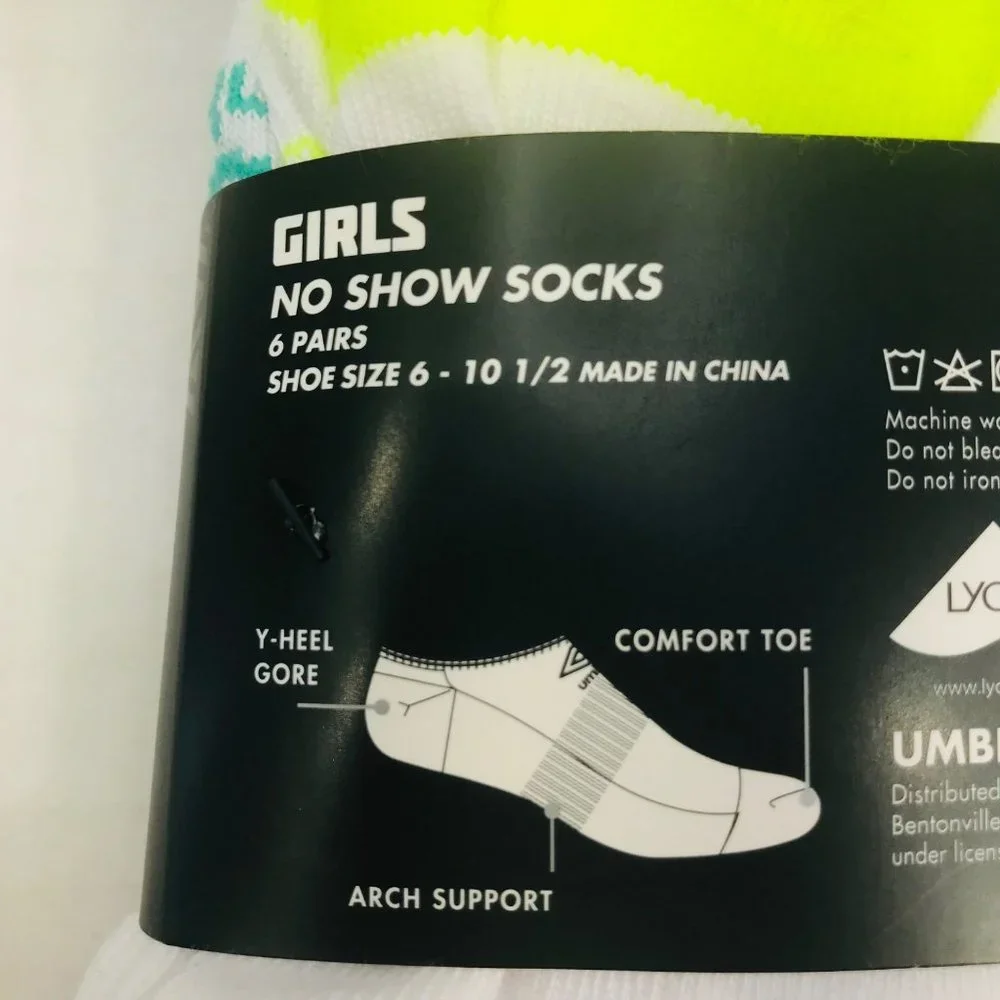Umbro 6 Pack Girl's Shoe Size 6-10.5 No Show Socks Assorted Color New In Package
